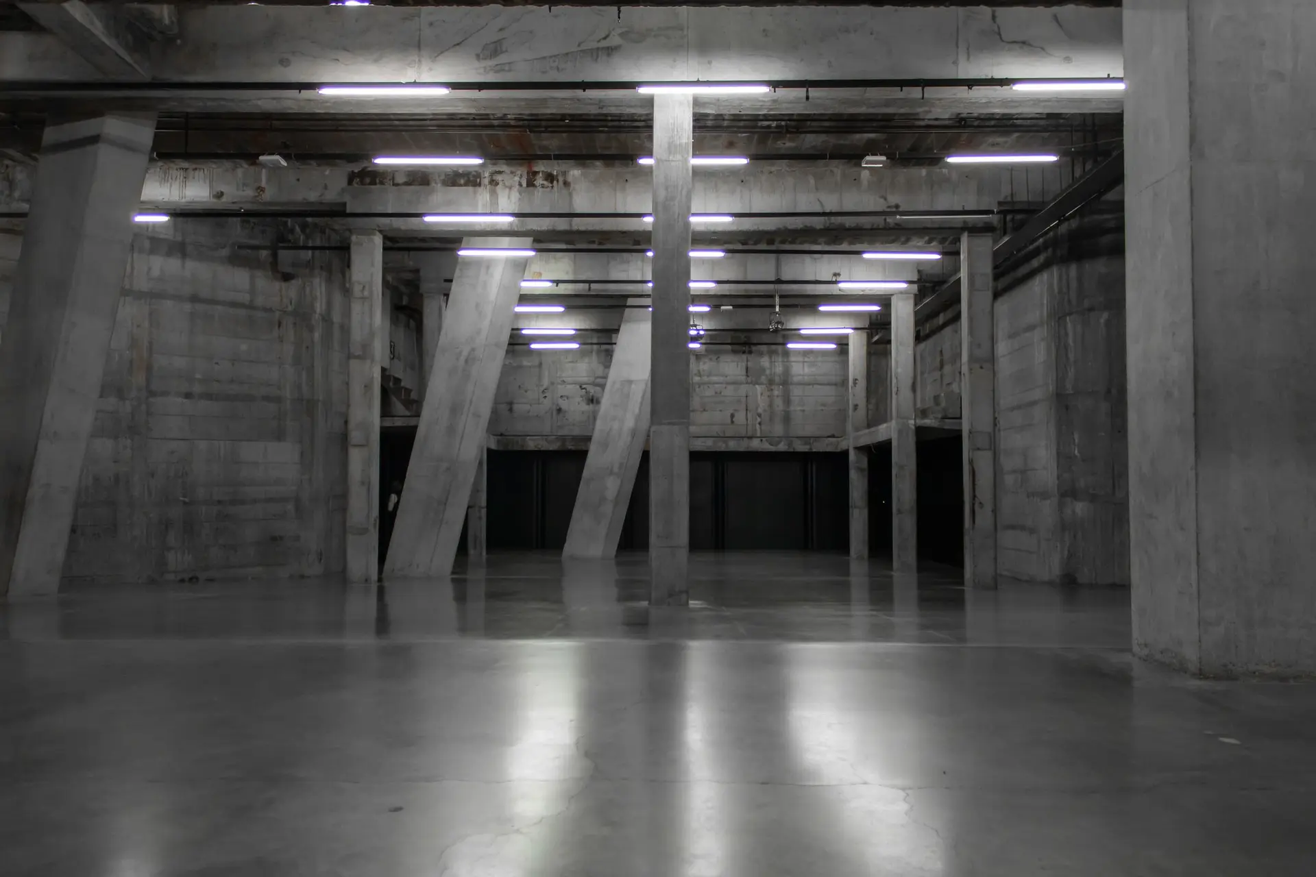 Empty concrete interior with columns and long fluorescent lights
